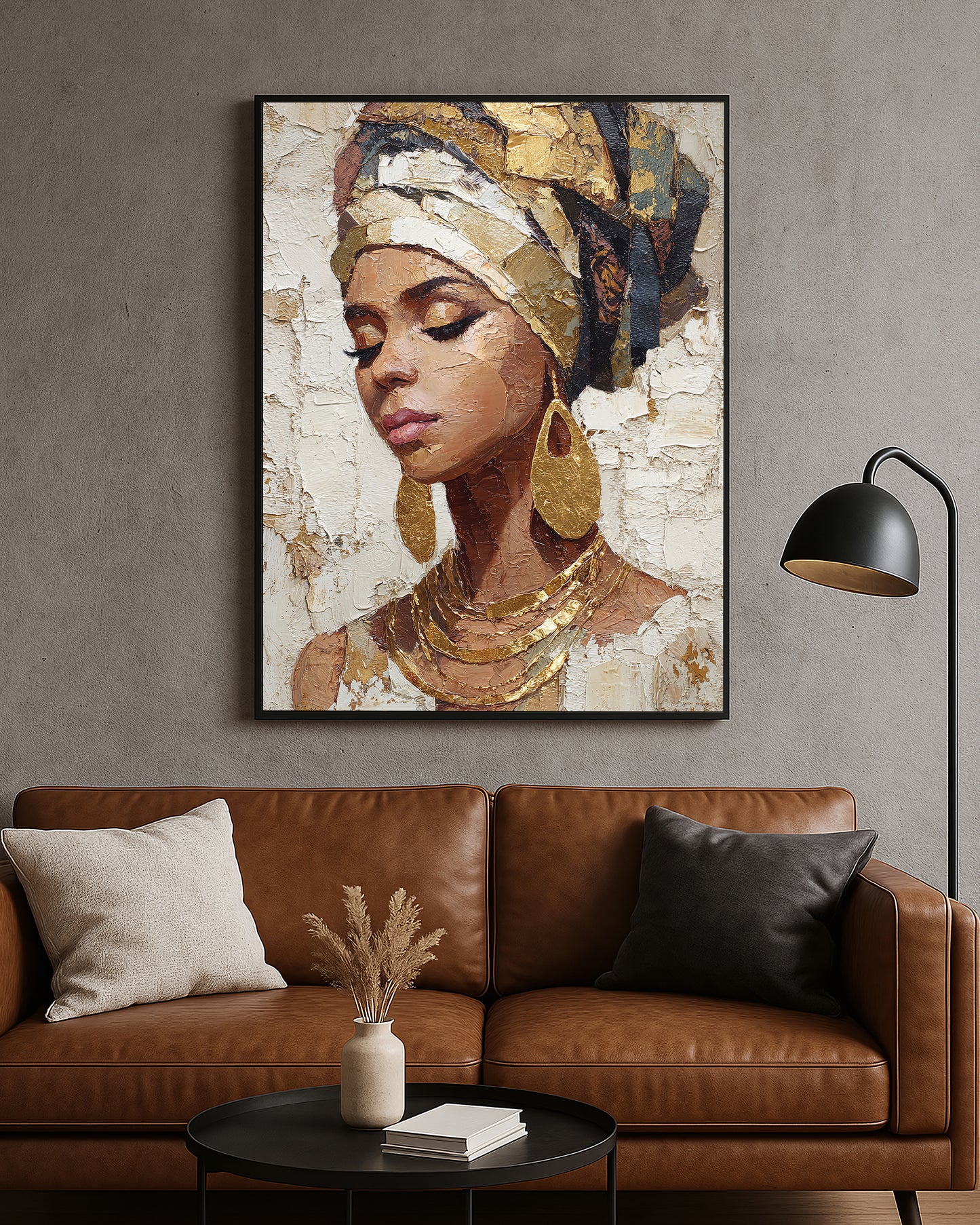 Elegant portrait artwork featuring a woman with closed eyes and rich gold details on a textured neutral background