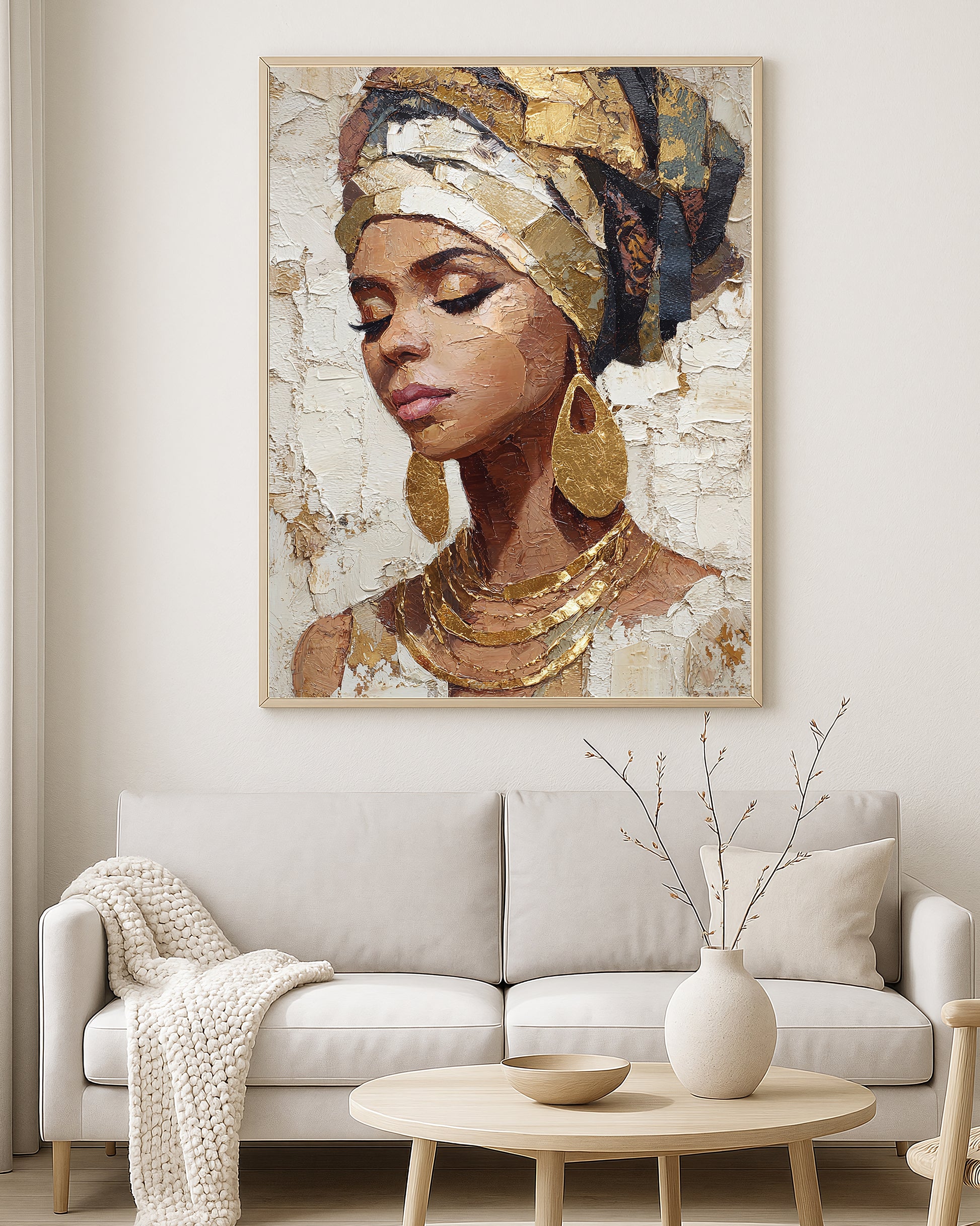 Contemporary wall art print showing a feminine portrait in warm ivory, bronze, and gold painterly tones