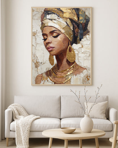 Contemporary wall art print showing a feminine portrait in warm ivory, bronze, and gold painterly tones