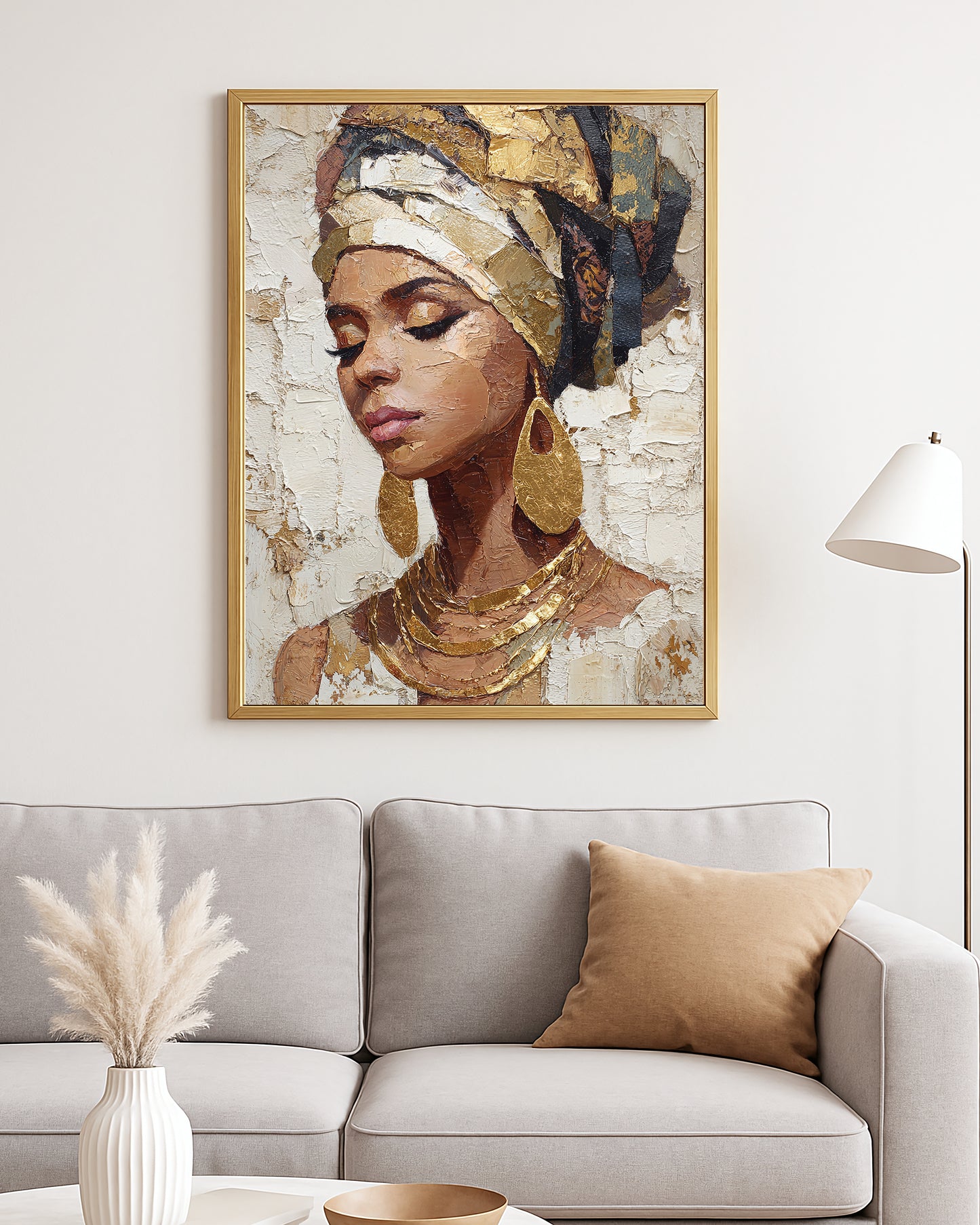 Luxe portrait decor with a woman in ornate jewelry and headwrap against a textured abstract backdrop