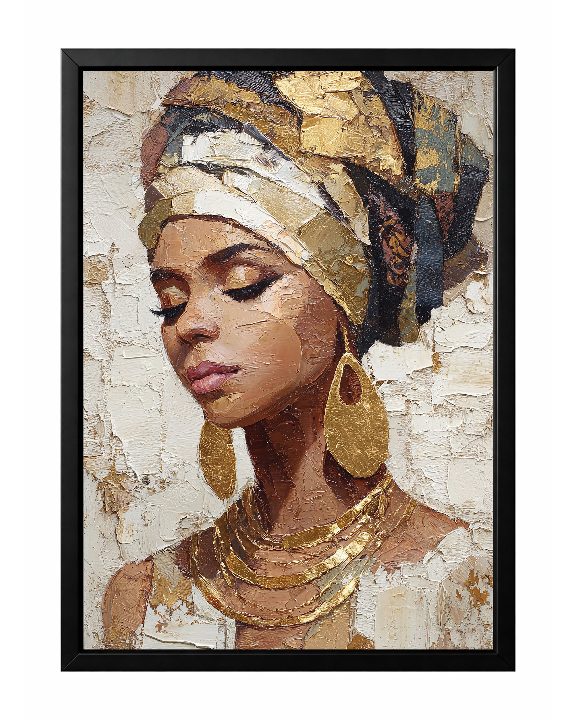 Gold African portrait wall art with a woman wearing a patterned headwrap, large gold earrings, and layered metallic-style necklaces