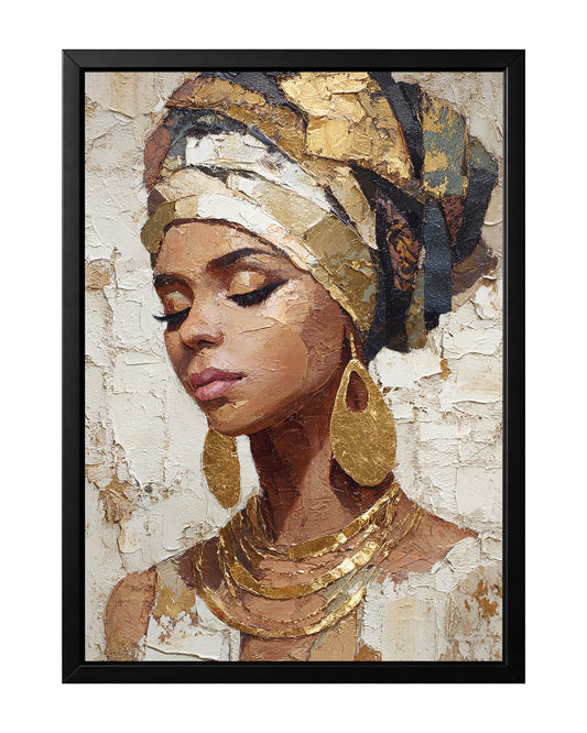 Gold African portrait wall art with a woman wearing a patterned headwrap, large gold earrings, and layered metallic-style necklaces