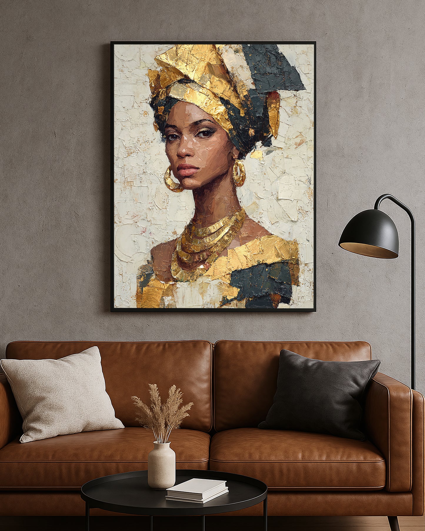 Elegant portrait artwork featuring a woman with hoop earrings and rich gold details on a textured neutral background