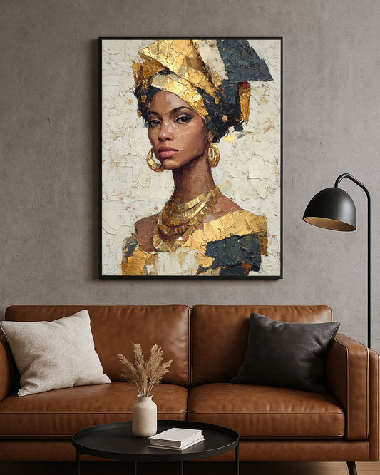 Elegant portrait artwork featuring a woman with hoop earrings and rich gold details on a textured neutral background