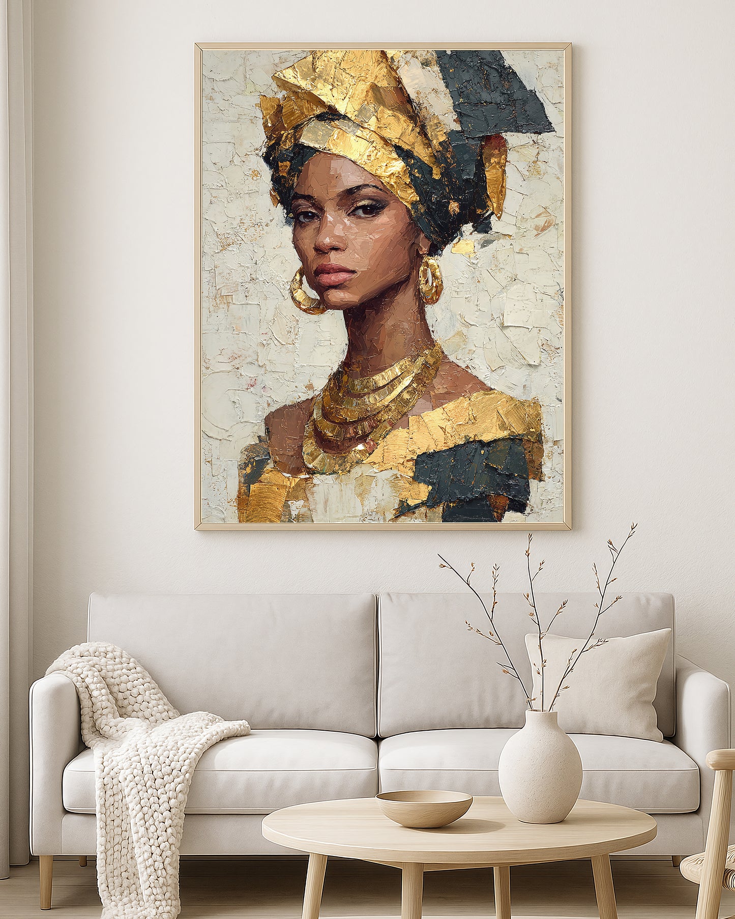 Contemporary wall art print showing a feminine portrait in warm ivory, bronze, black, and gold painterly tones