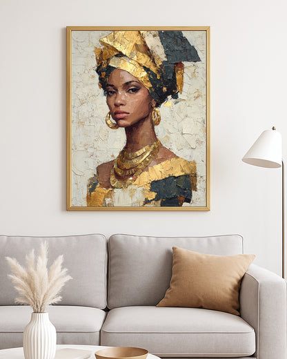 Luxe portrait decor with a woman in ornate jewelry and structured headwrap against a textured abstract backdrop