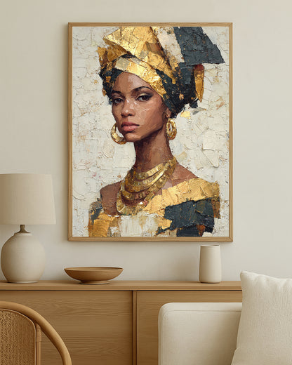 Cultural-inspired feminine wall art with sculptural texture, luminous gold accents, and a refined modern composition