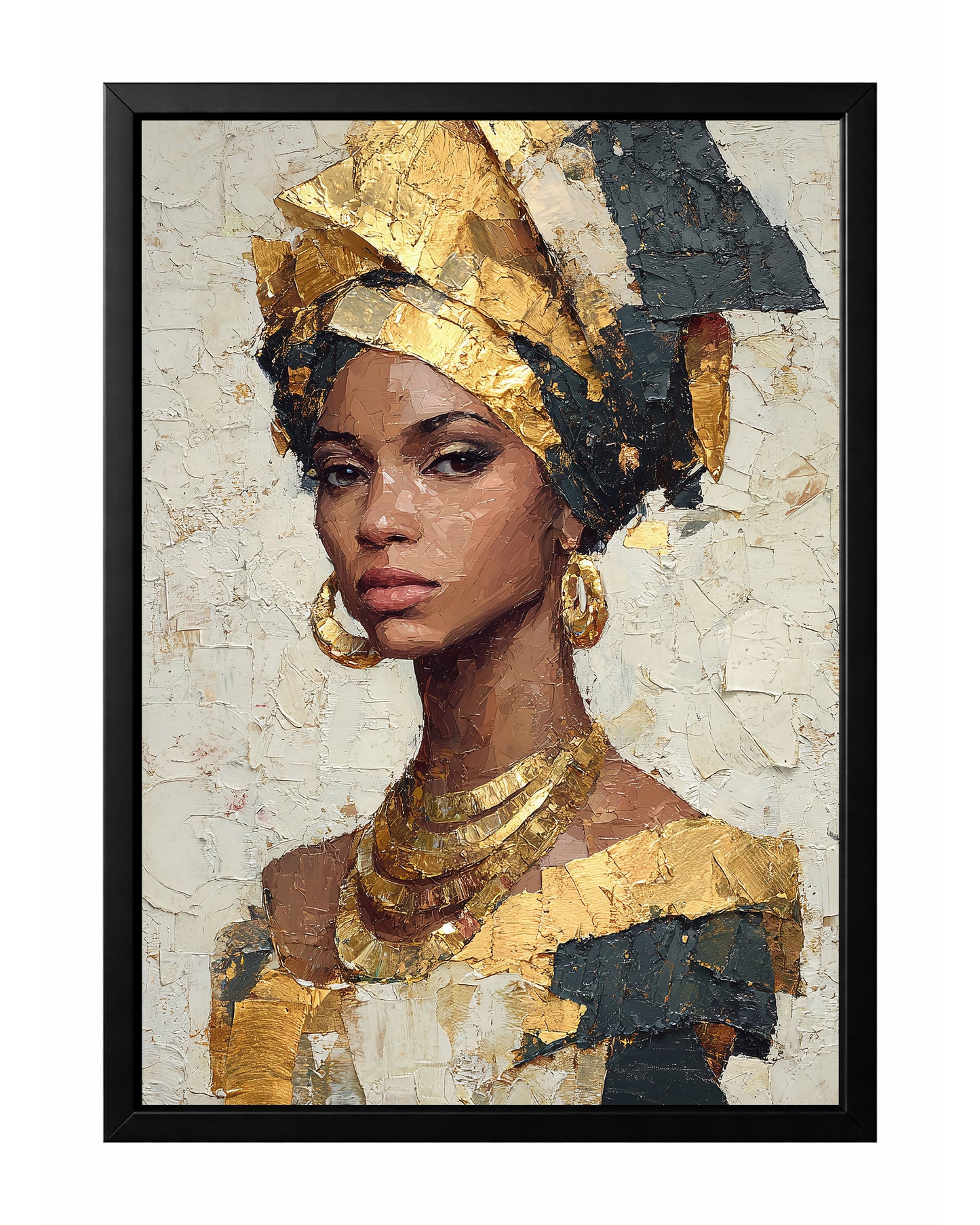Gold African portrait wall art with a woman wearing a geometric gold and black headwrap and layered metallic-style necklaces