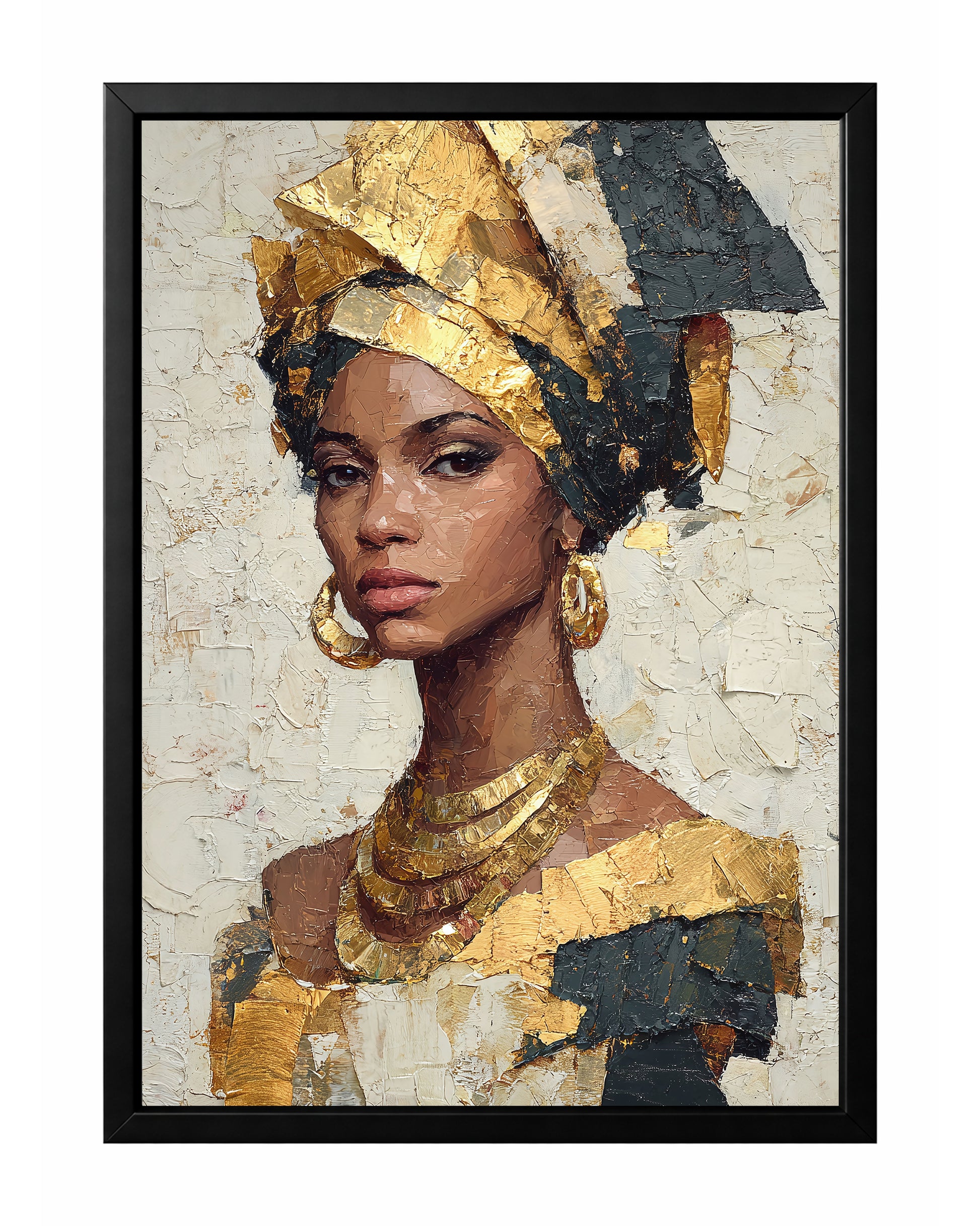 Gold African portrait wall art with a woman wearing a geometric gold and black headwrap and layered metallic-style necklaces