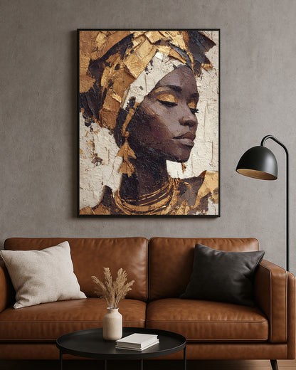 Elegant portrait artwork featuring a woman with closed eyes and rich gold details on a textured neutral background