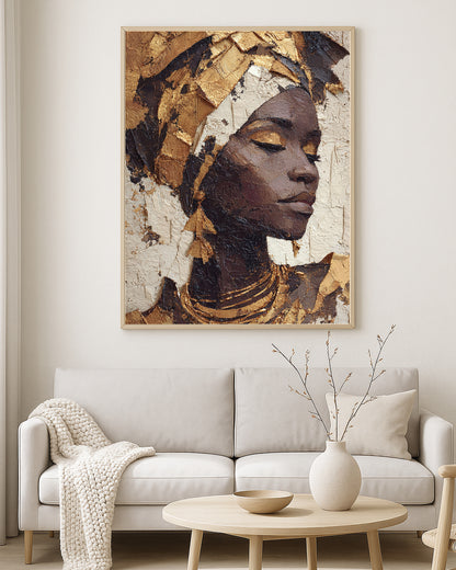 Contemporary wall art print showing a feminine portrait in warm ivory, bronze, black, and gold painterly tones
