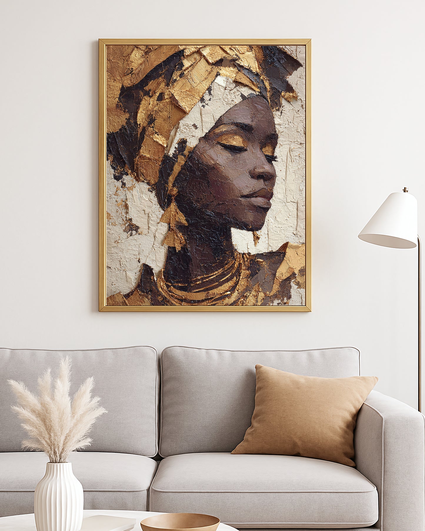 Luxe portrait decor with a woman in ornate jewelry and structured headwrap against a textured abstract backdrop
