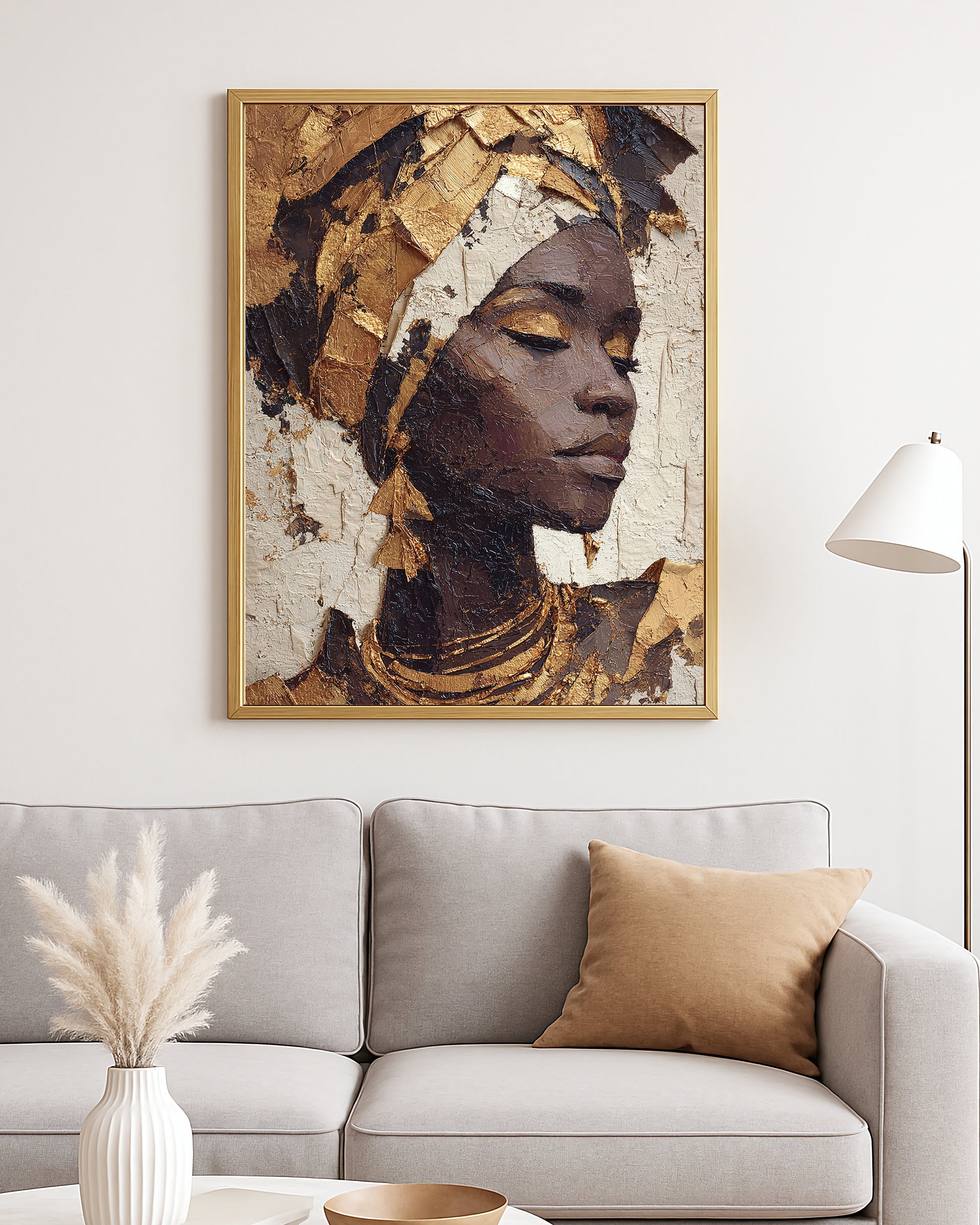 Luxe portrait decor with a woman in ornate jewelry and structured headwrap against a textured abstract backdrop