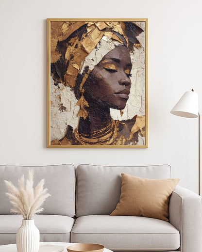 Luxe portrait decor with a woman in ornate jewelry and structured headwrap against a textured abstract backdrop