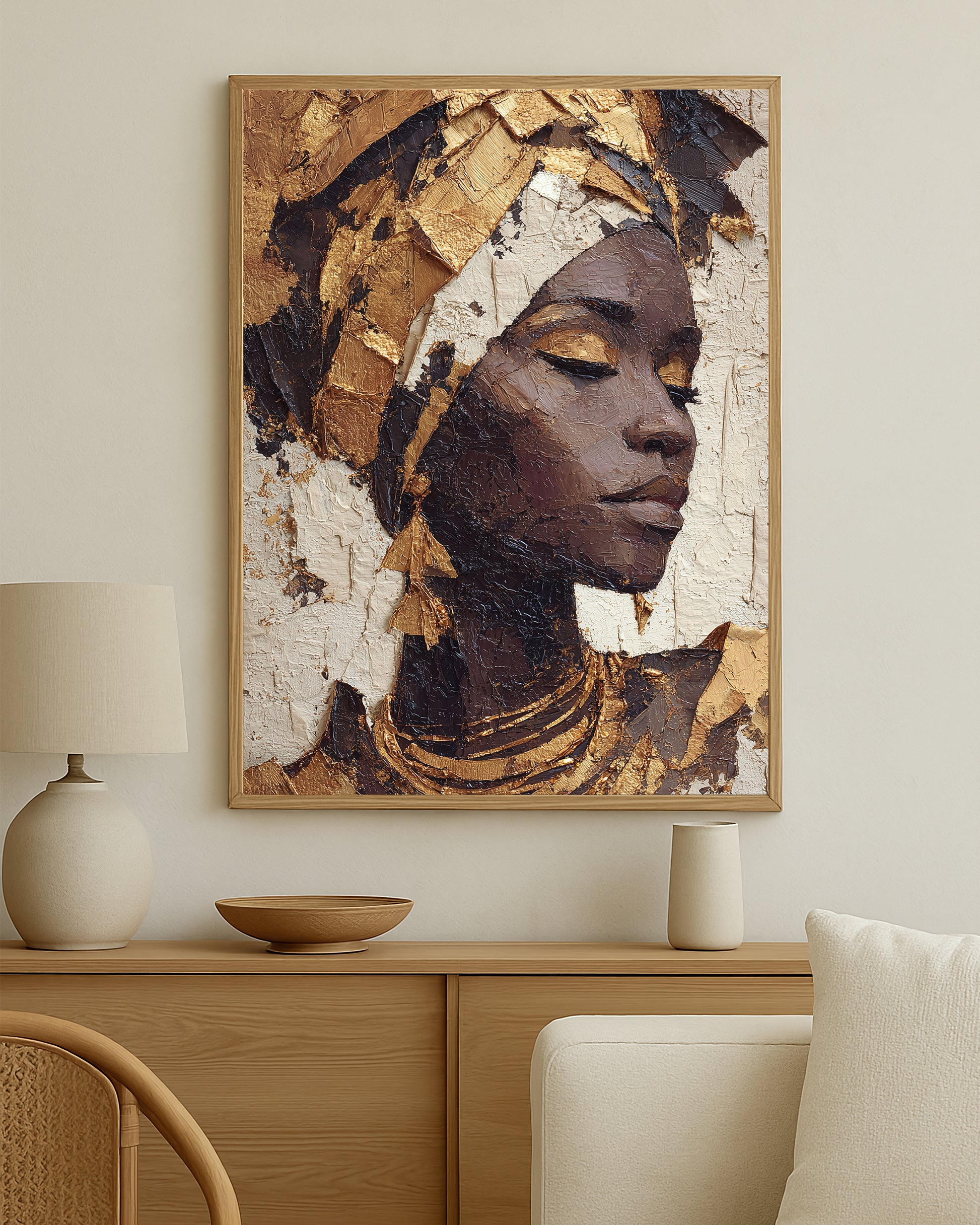 Cultural-inspired feminine wall art with sculptural texture, luminous gold accents, and a refined modern composition