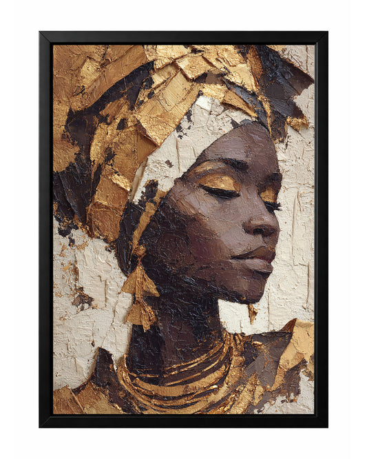 Gold African portrait wall art with a woman wearing a geometric gold headwrap and layered metallic-style necklaces