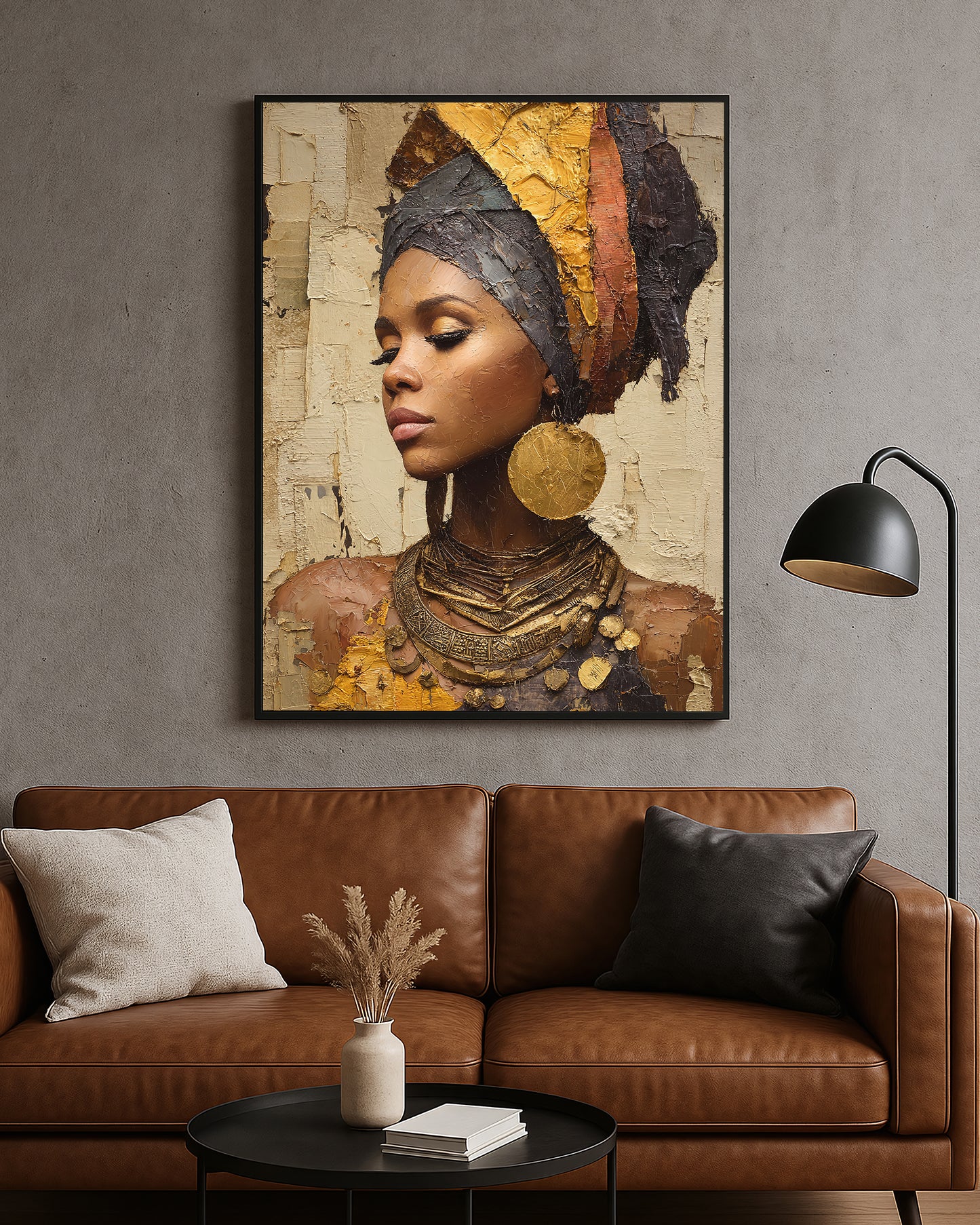 Elegant portrait artwork featuring a woman with closed eyes and stacked metallic-style necklaces on a textured neutral background