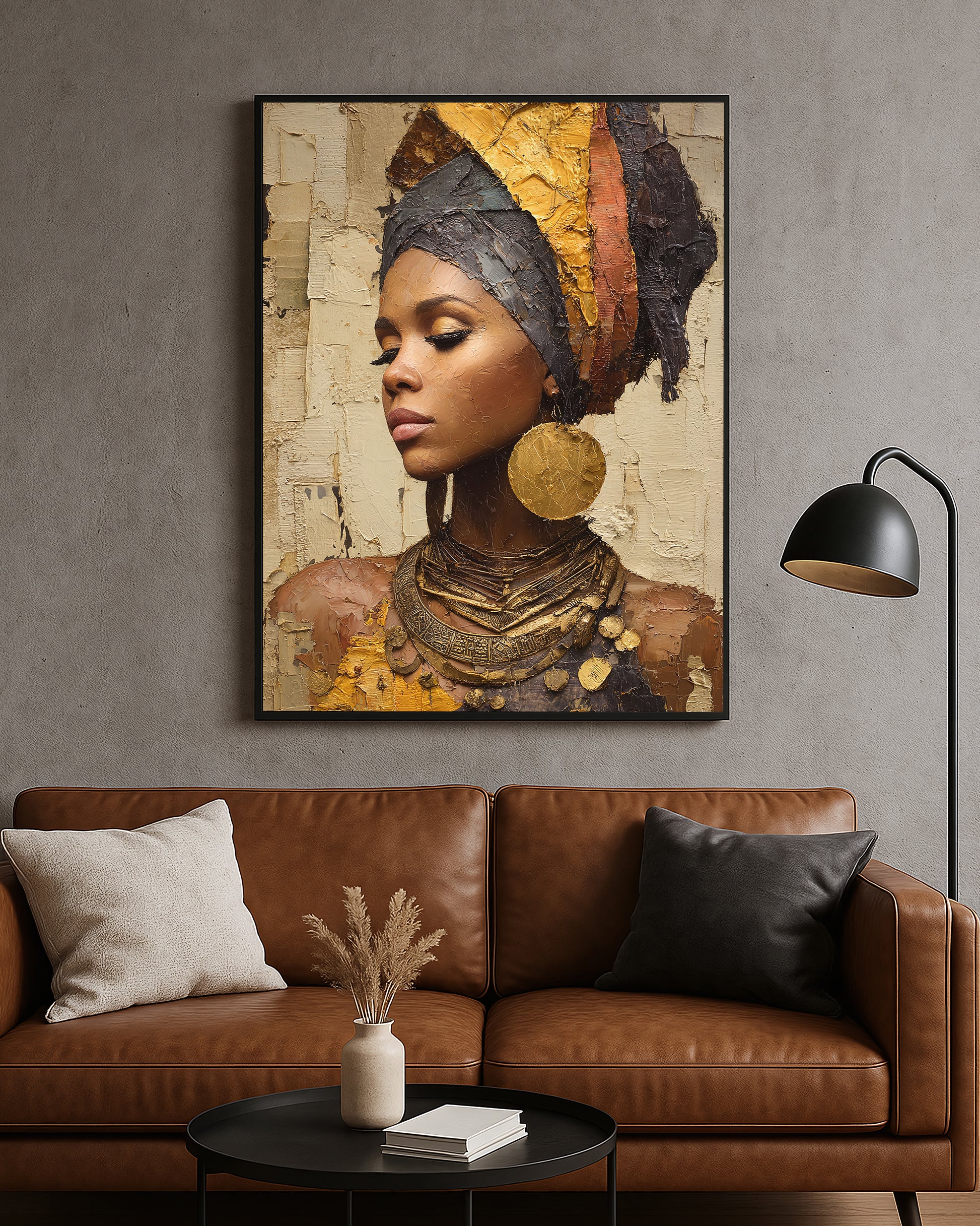 Elegant portrait artwork featuring a woman with closed eyes and stacked metallic-style necklaces on a textured neutral background