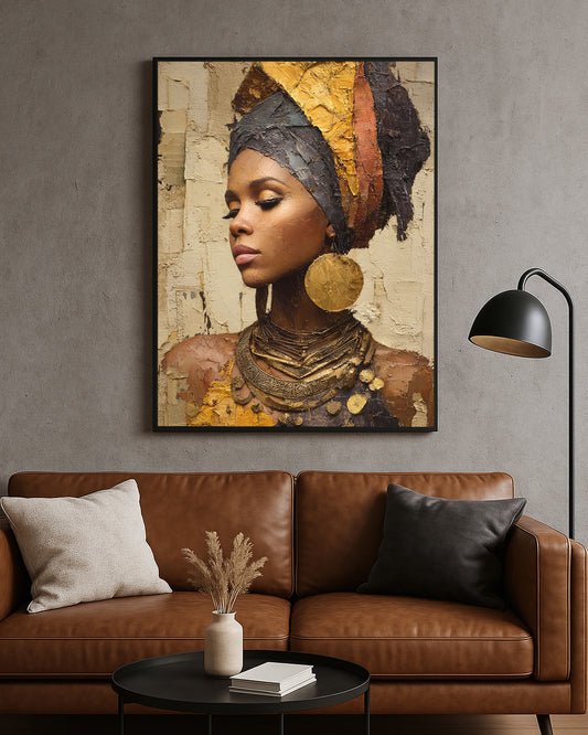 Elegant portrait artwork featuring a woman with closed eyes and stacked metallic-style necklaces on a textured neutral background
