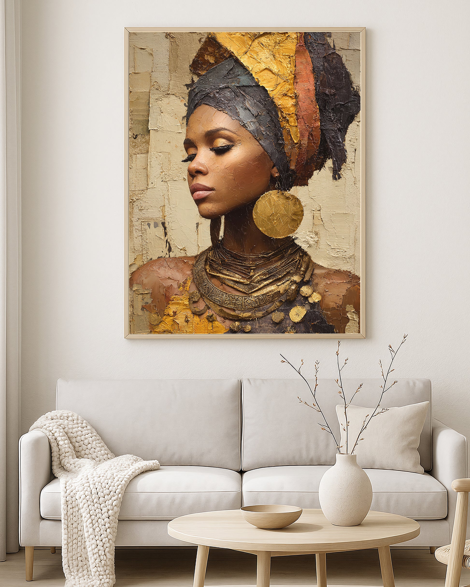 Contemporary wall art print showing a feminine portrait in warm ivory, bronze, black, and gold painterly tones