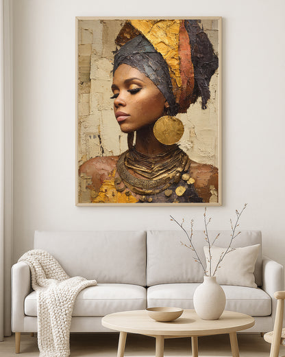 Contemporary wall art print showing a feminine portrait in warm ivory, bronze, black, and gold painterly tones