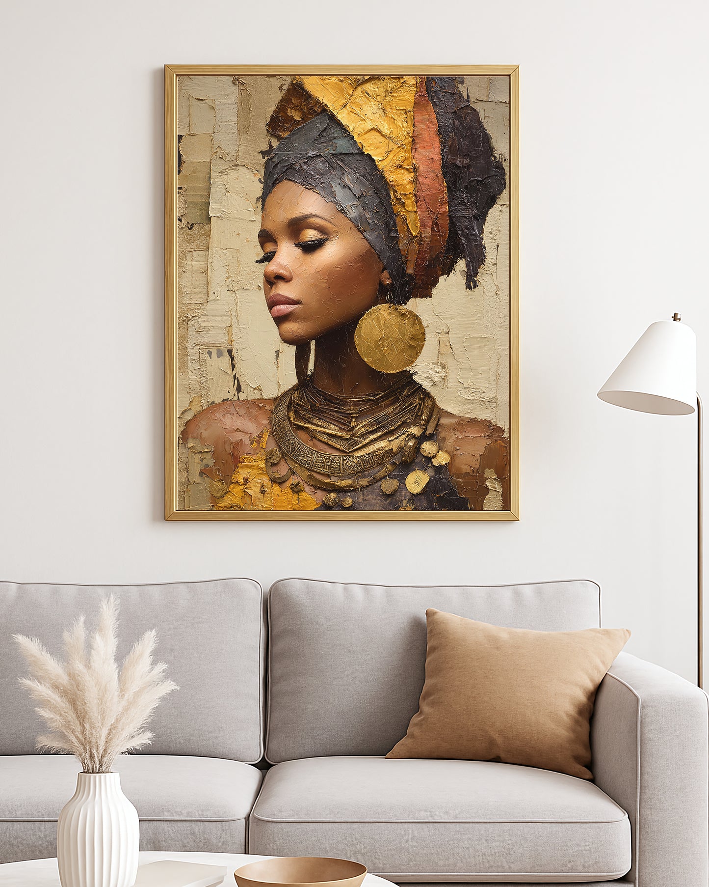 Luxe portrait decor with a woman in ornate jewelry and wrapped headscarf against a textured abstract backdrop