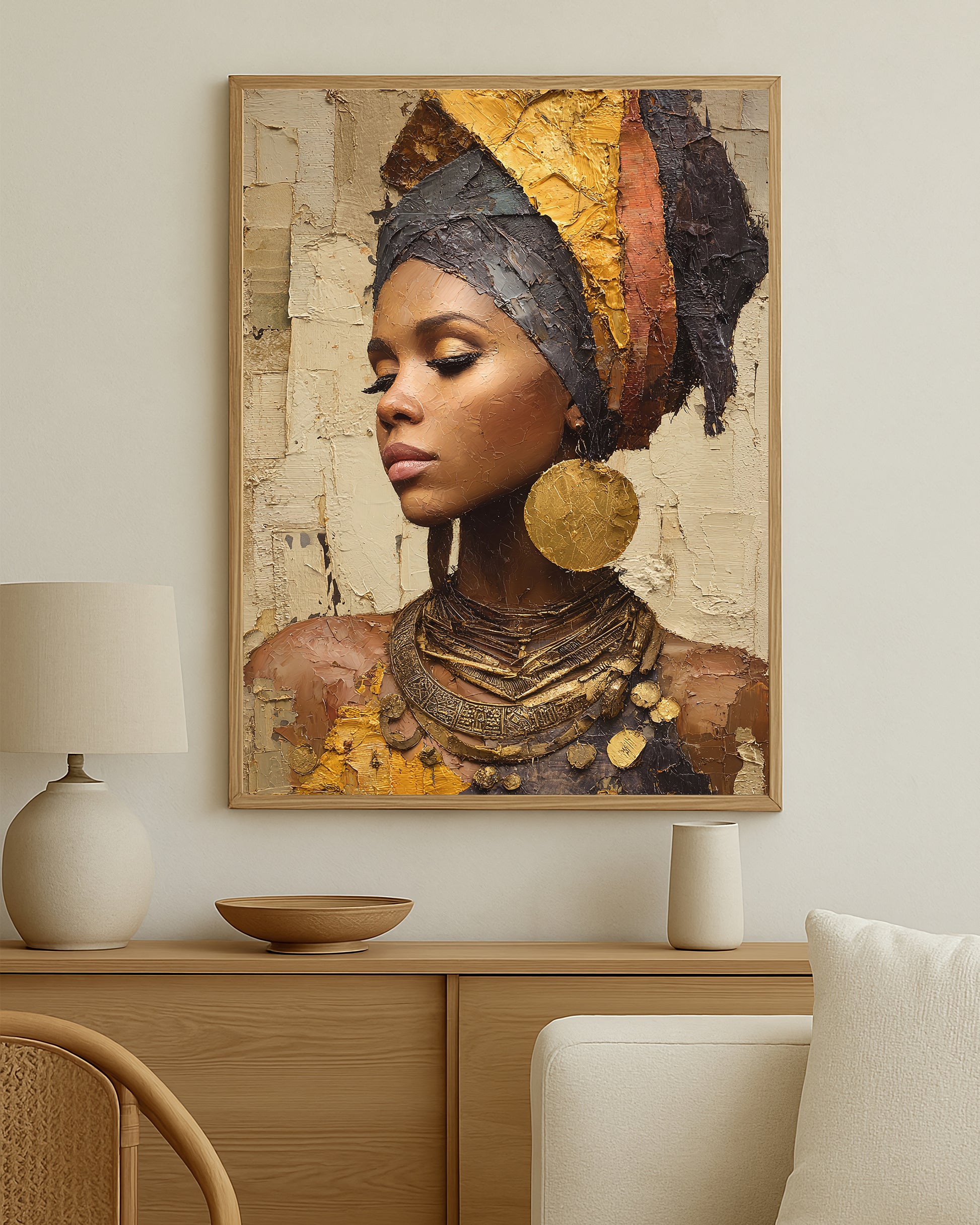Cultural-inspired feminine wall art with sculptural texture, luminous gold accents, and a refined modern composition