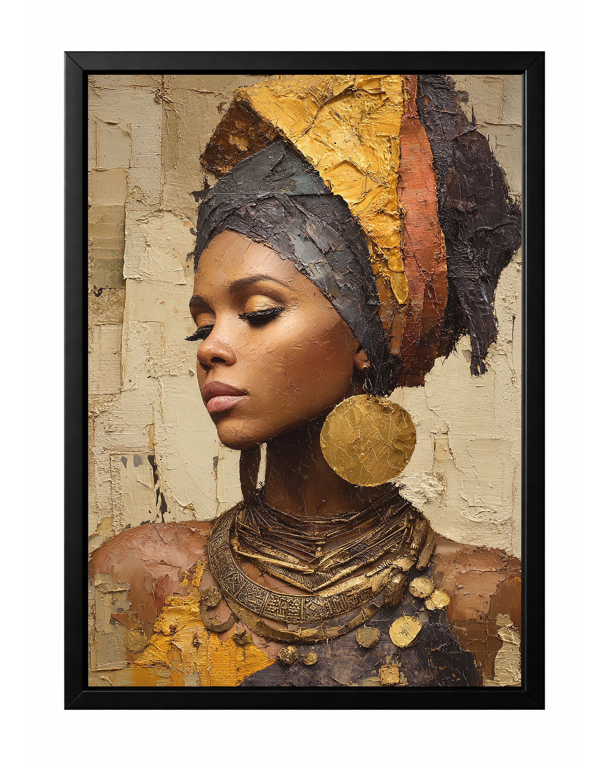 Gold African portrait wall art with a woman wearing a layered gold and dark headwrap and oversized round earring