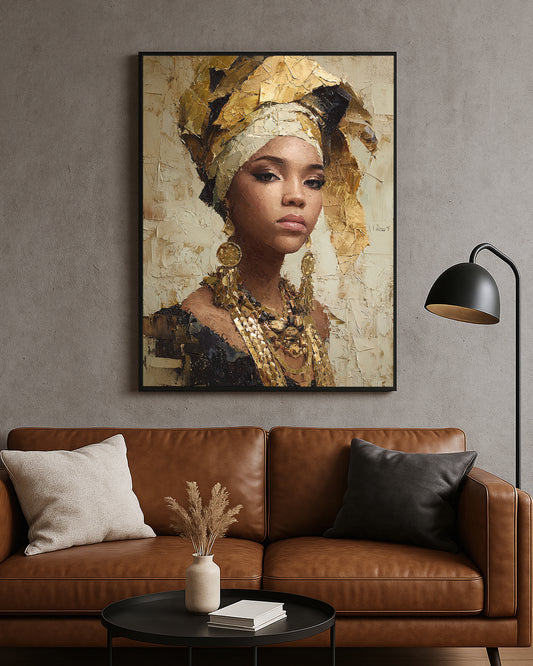 Elegant portrait artwork featuring a woman with layered metallic-style necklaces on a textured neutral background