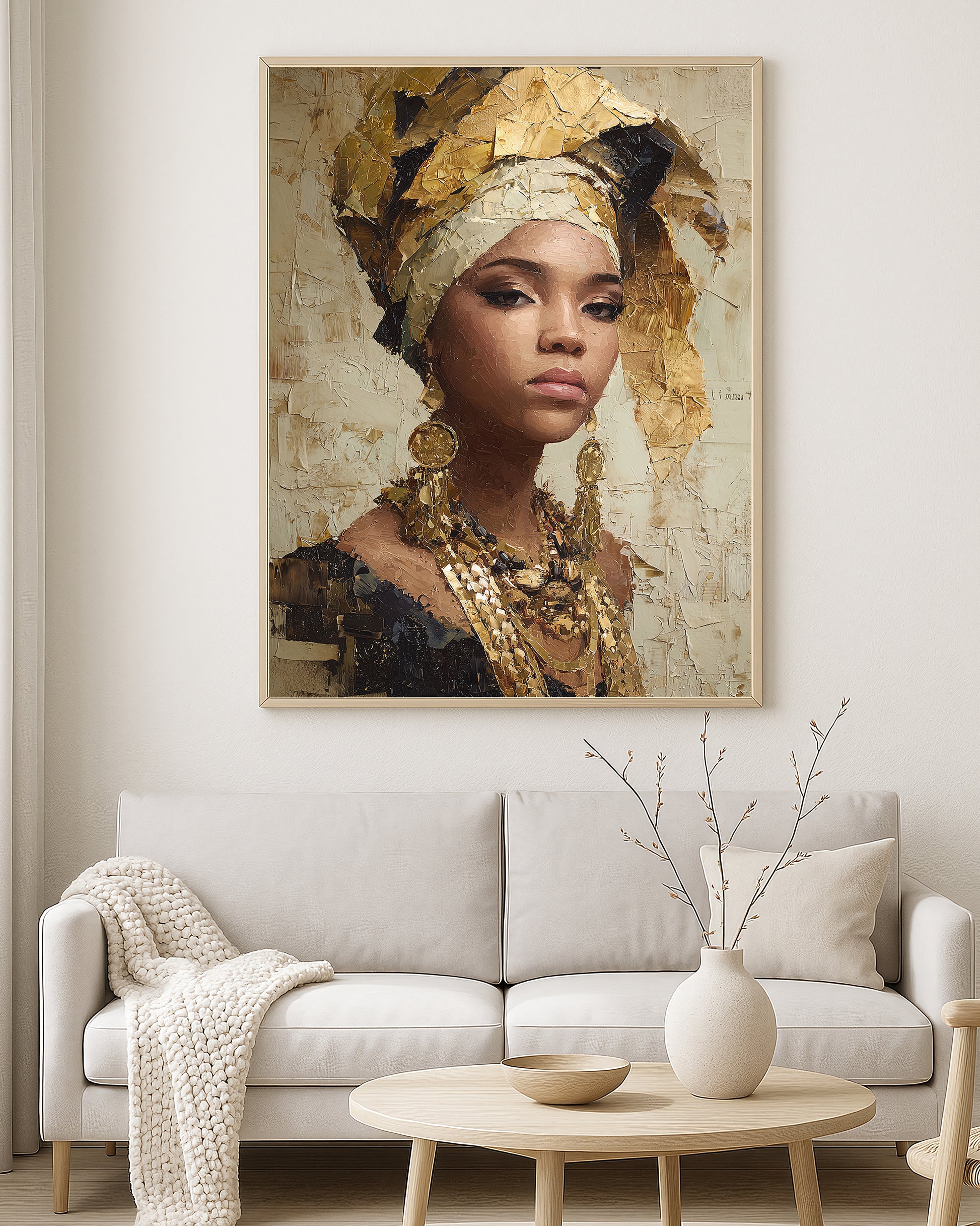 Contemporary wall art print showing a feminine portrait in warm ivory, bronze, black, and gold painterly tones