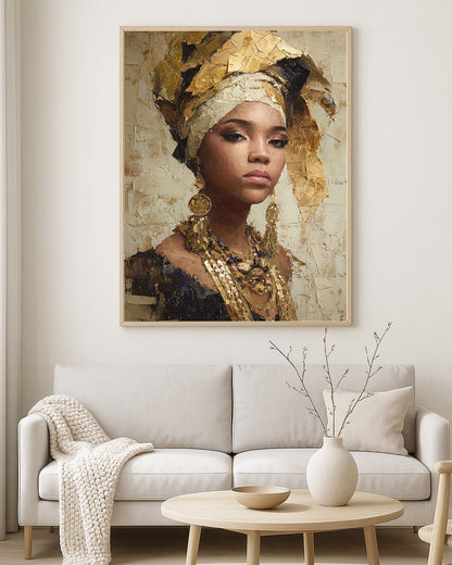Contemporary wall art print showing a feminine portrait in warm ivory, bronze, black, and gold painterly tones
