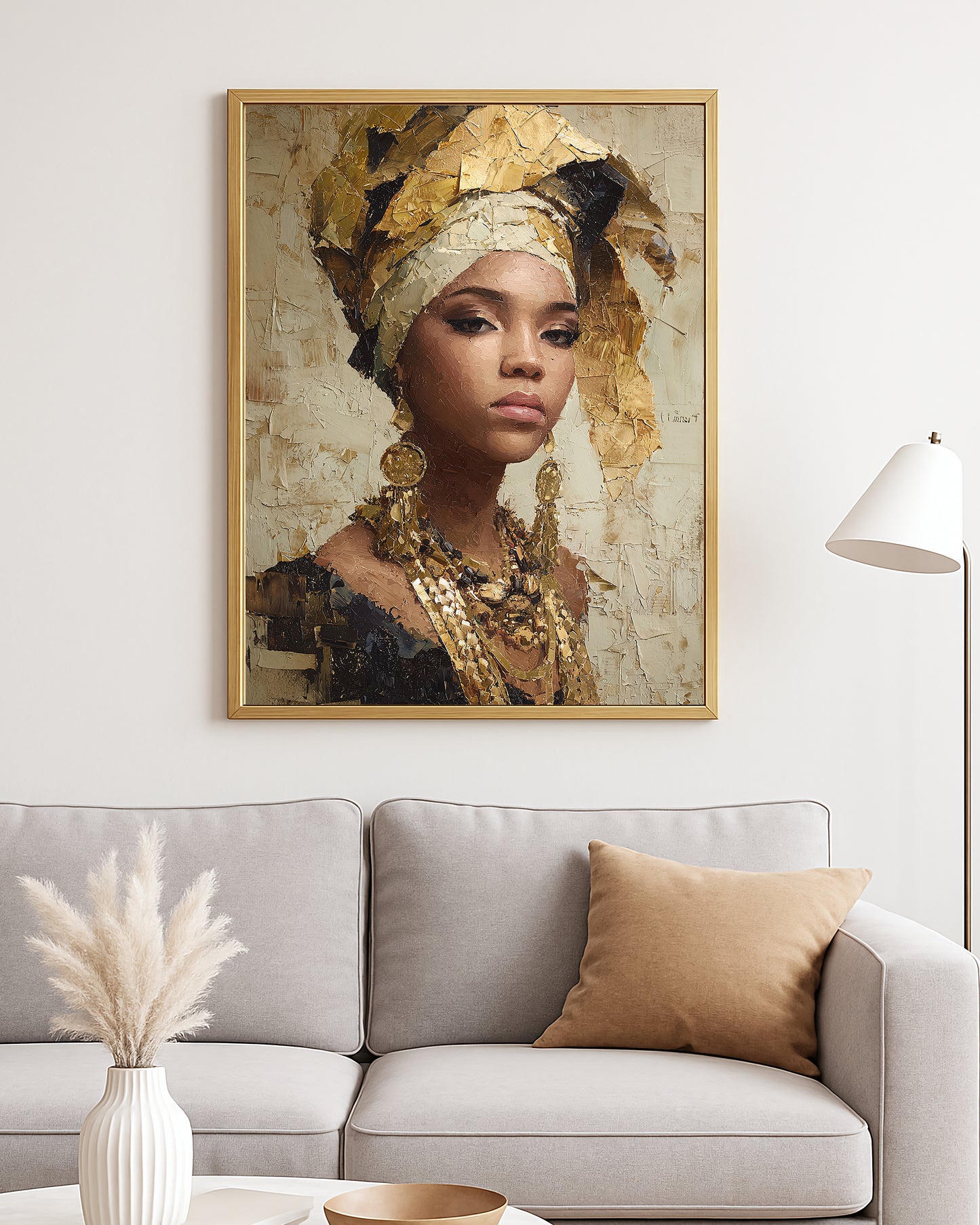 Luxe portrait decor with a woman in ornate jewelry and wrapped headscarf against a textured abstract backdrop