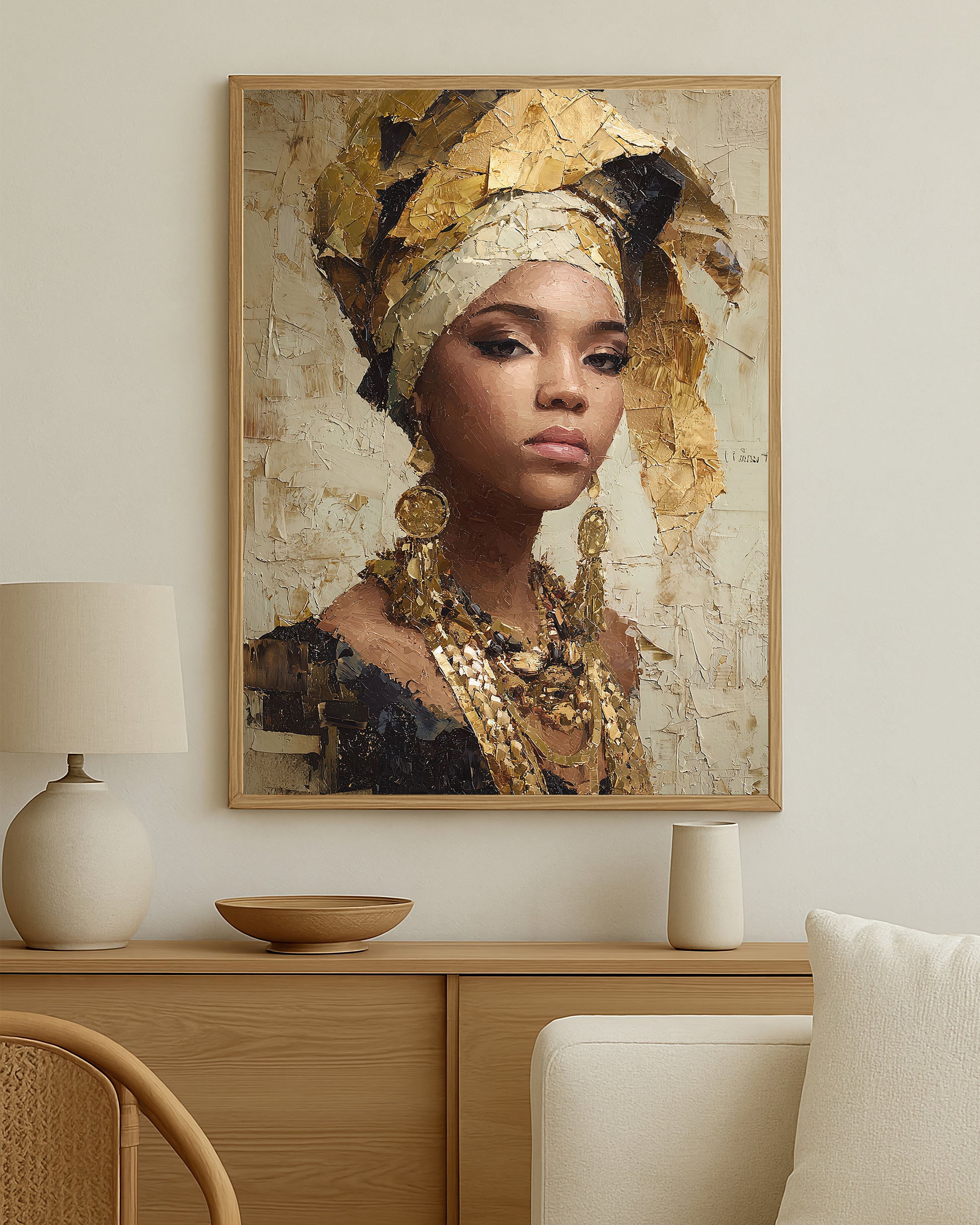 Cultural-inspired feminine wall art with sculptural texture, luminous gold accents, and a refined modern composition