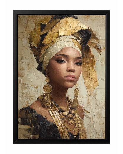 Gold African portrait wall art with a woman wearing a sculptural gold headwrap and ornate dangling earrings