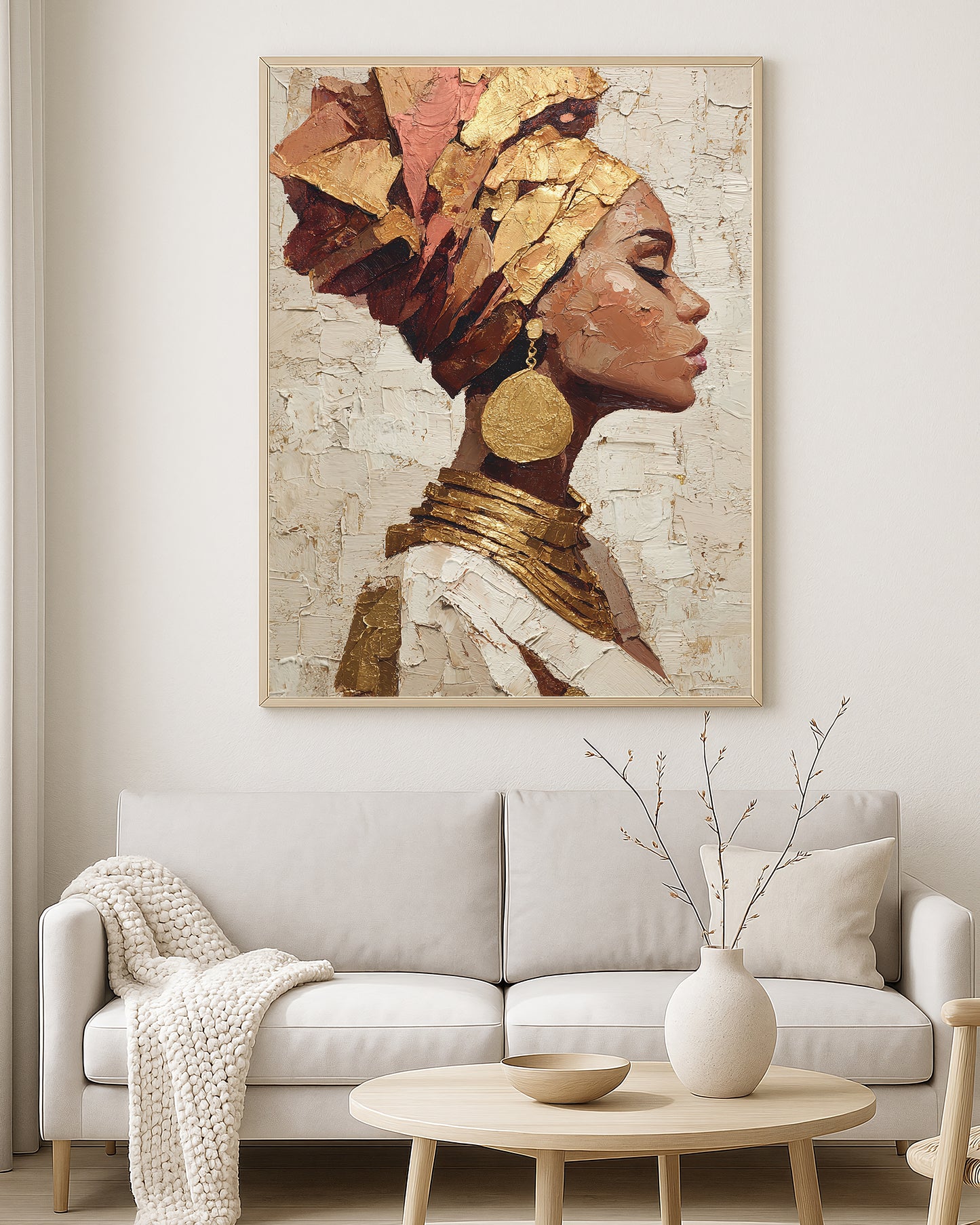 Contemporary wall art print showing a feminine profile in warm ivory, bronze, terracotta, and gold textured tones