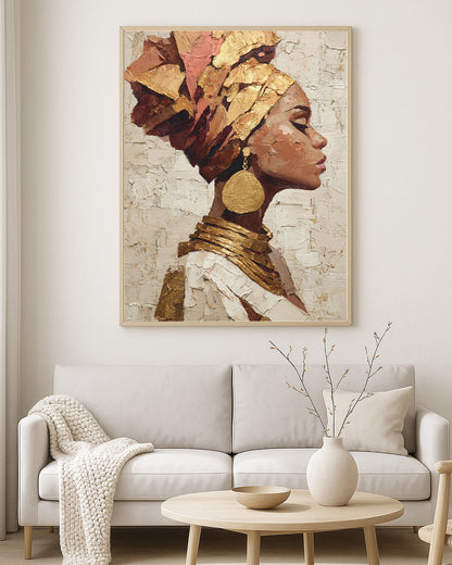 Contemporary wall art print showing a feminine profile in warm ivory, bronze, terracotta, and gold textured tones