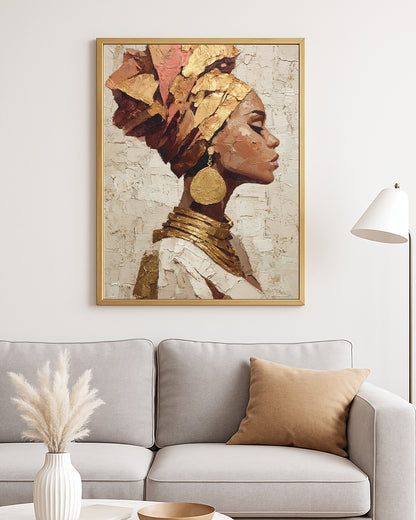 Luxe portrait decor with a woman in ornate jewelry and wrapped headscarf against a textured abstract backdrop