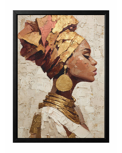 Gold African portrait wall art with a woman in side profile wearing a sculptural gold and terracotta headwrap