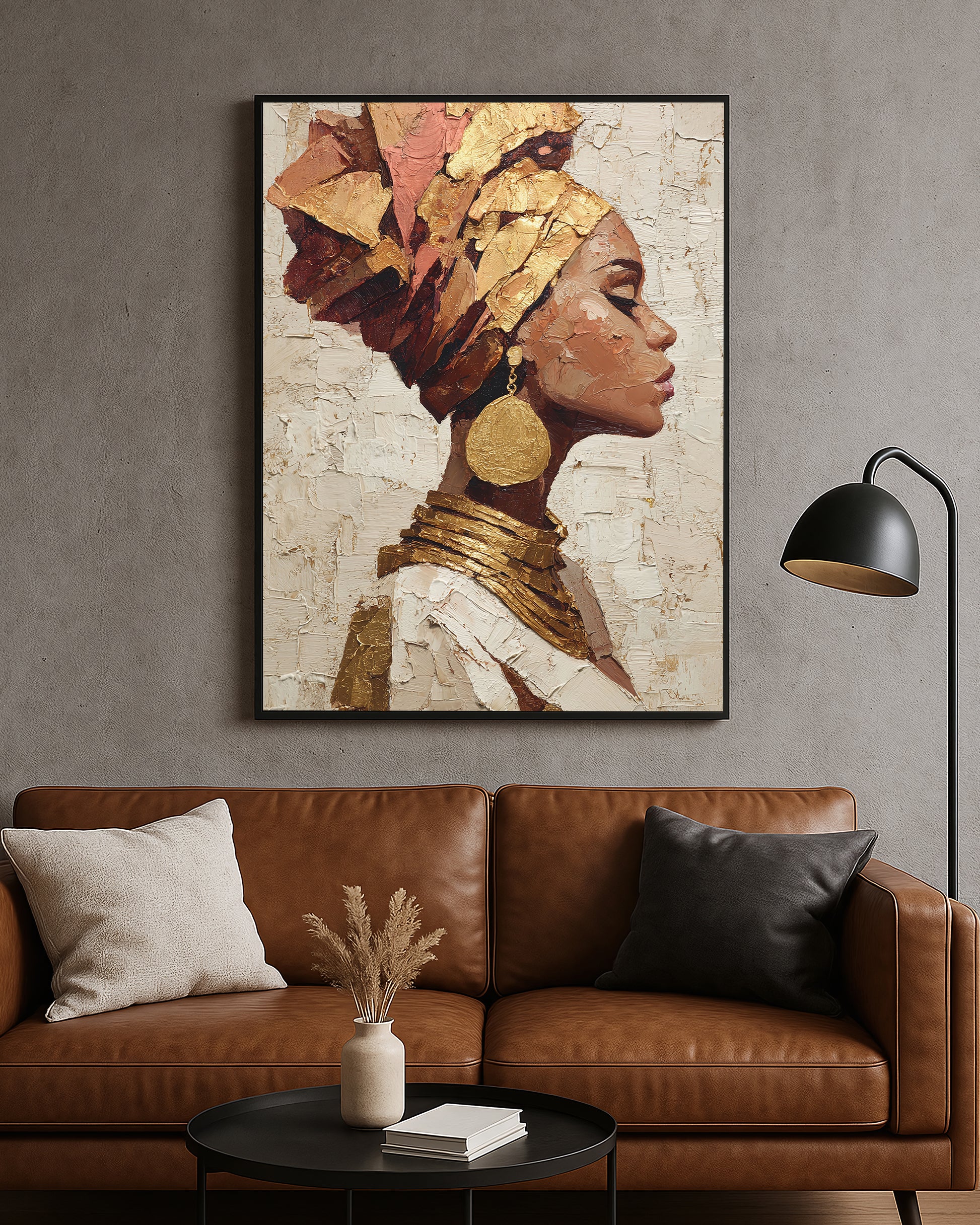 Elegant portrait artwork featuring a woman with an oversized round gold earring and stacked metallic-style neck rings