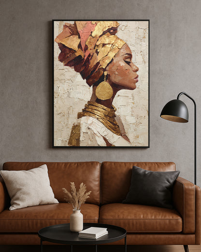 Elegant portrait artwork featuring a woman with an oversized round gold earring and stacked metallic-style neck rings