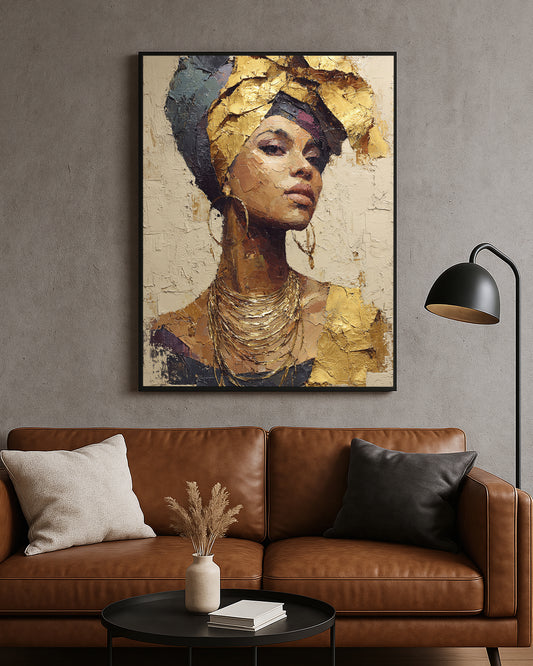 Elegant portrait artwork featuring a woman with hoop earrings and rich gold details on a textured neutral background