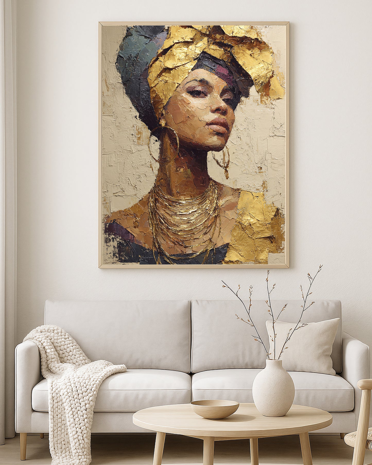 Contemporary wall art print showing a feminine portrait in warm ivory, bronze, black, and gold painterly tones