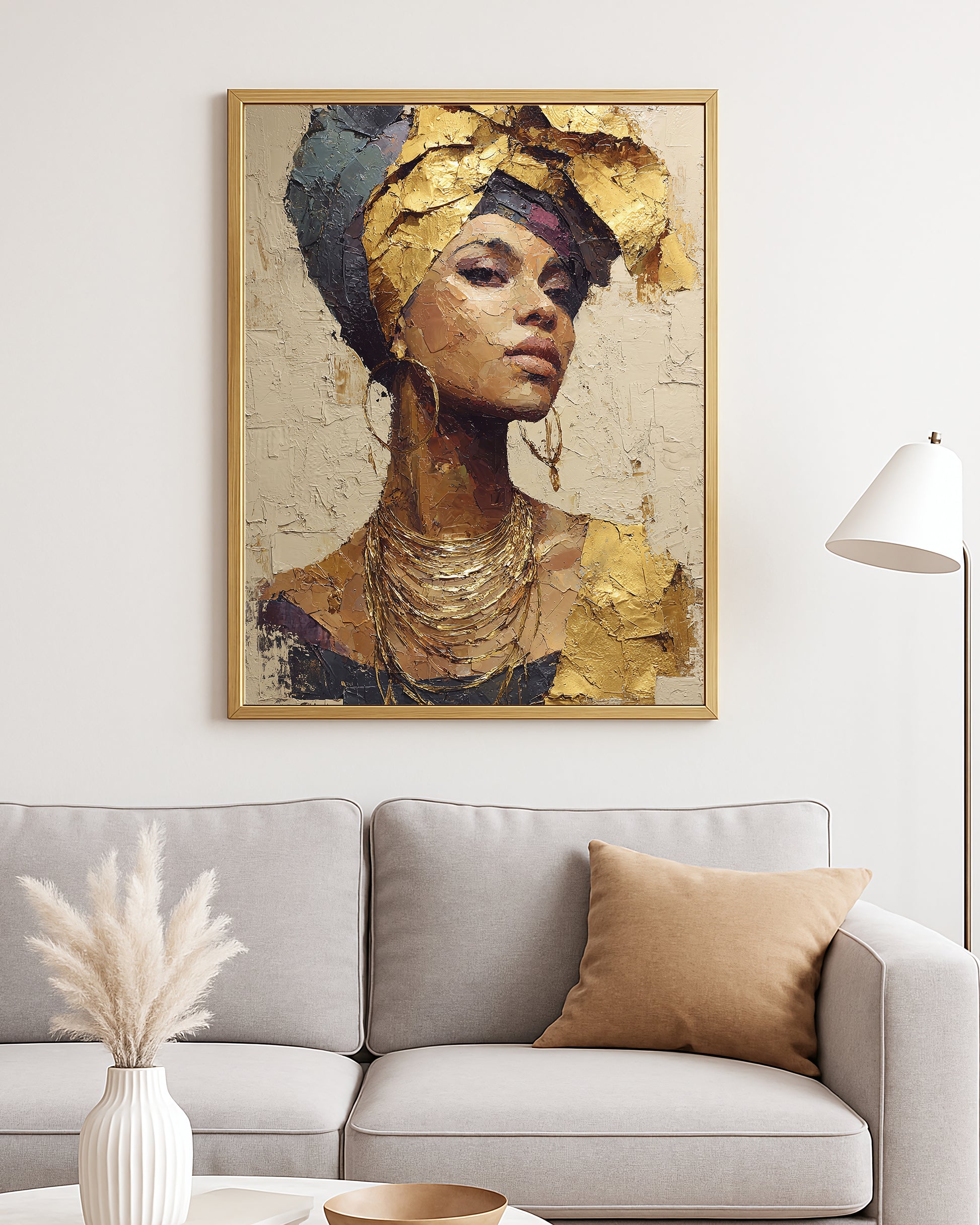 Luxe portrait decor with a woman in ornate jewelry and wrapped headscarf against a textured abstract backdrop