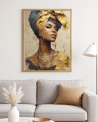 Luxe portrait decor with a woman in ornate jewelry and wrapped headscarf against a textured abstract backdrop