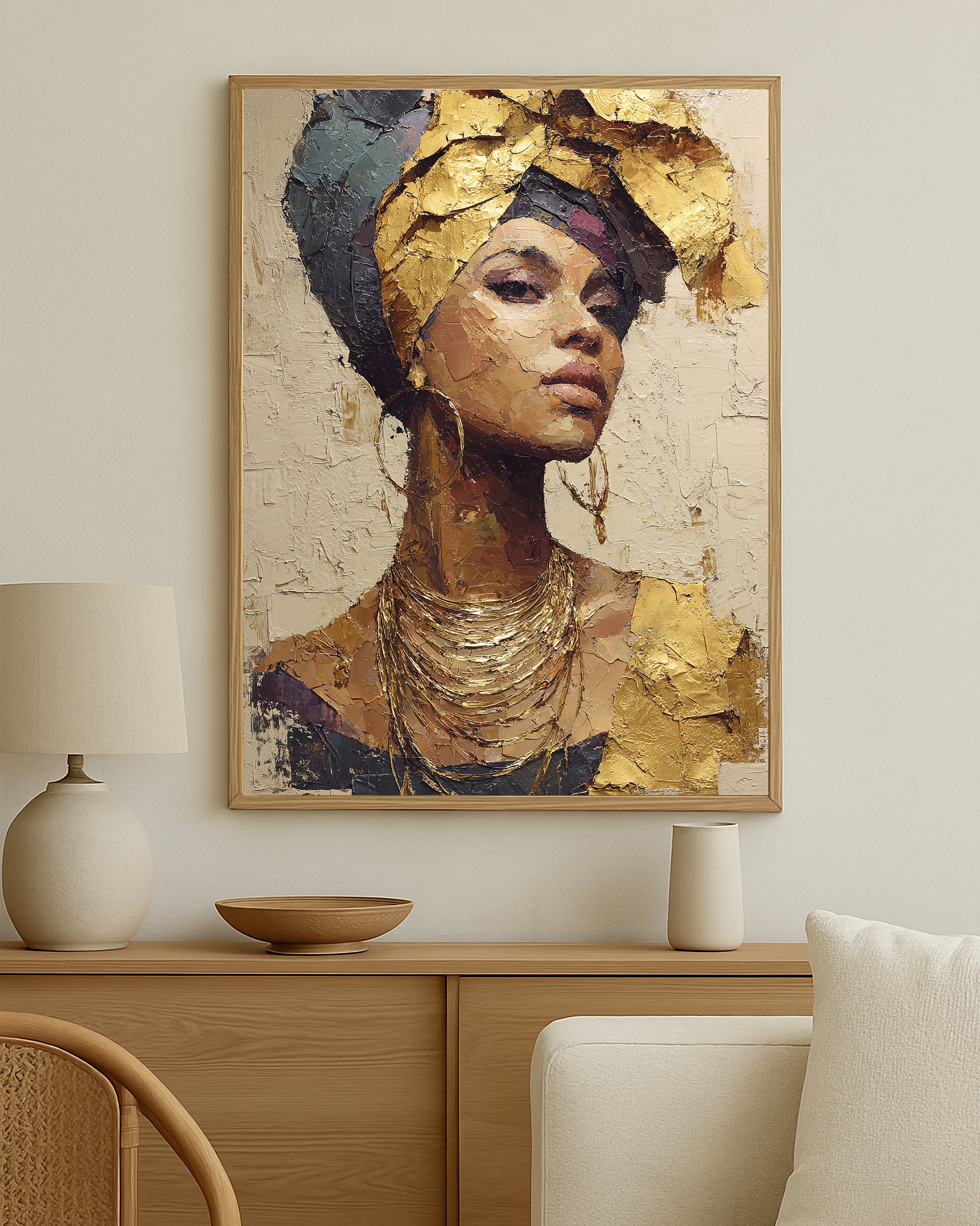 Cultural-inspired feminine wall art with sculptural texture, luminous gold accents, and a refined modern composition