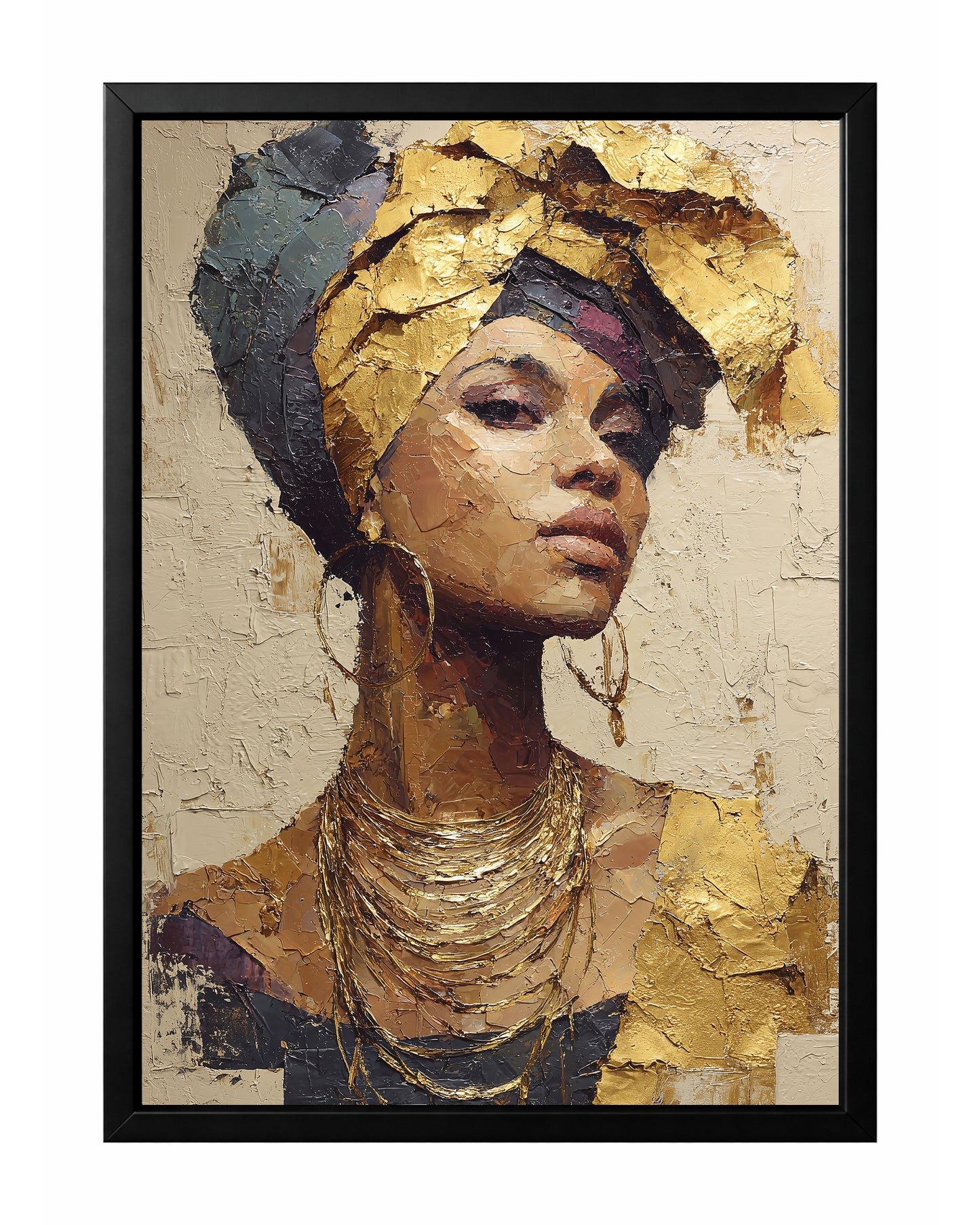 Gold African portrait wall art with a woman wearing a sculptural gold and dark headwrap and layered metallic-style necklaces