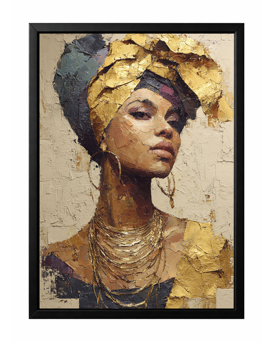 Gold African portrait wall art with a woman wearing a sculptural gold and dark headwrap and layered metallic-style necklaces