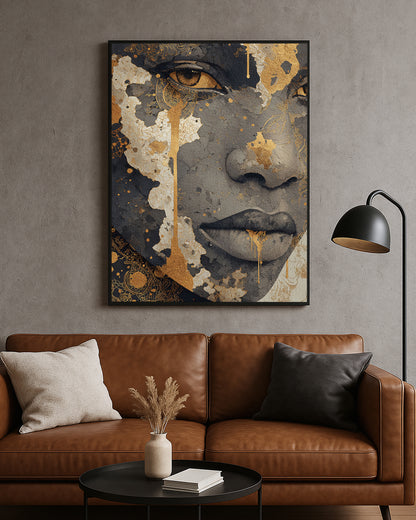 Editorial portrait artwork featuring a woman’s eye, lips, and facial contours beneath abstract gold and gray overlays