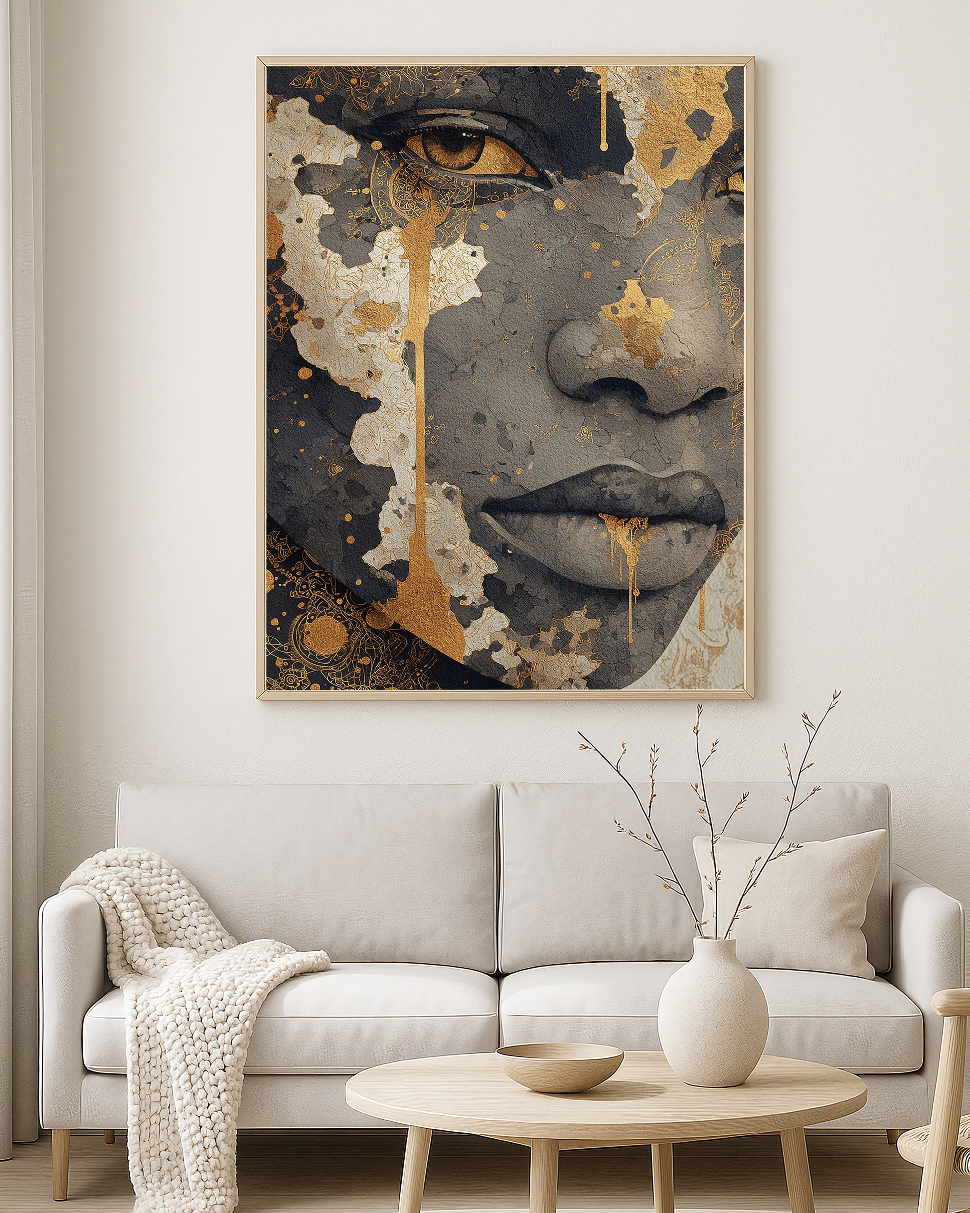 Contemporary wall art print showing a dramatic female face with textured gold accents on a neutral background