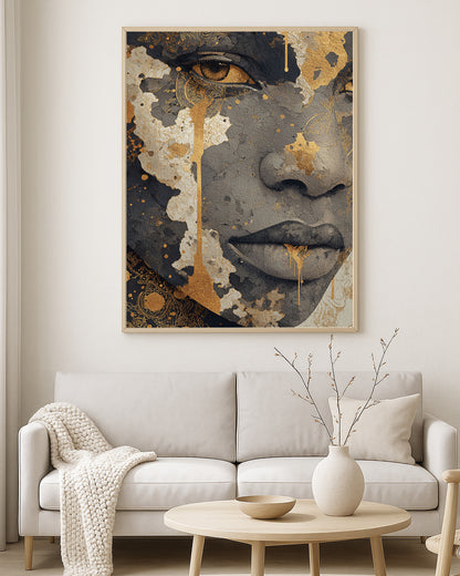 Contemporary wall art print showing a dramatic female face with textured gold accents on a neutral background
